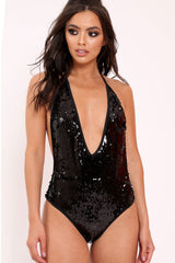 Black Sequin Deep Plunge Halterneck Swimsuit - Katniss