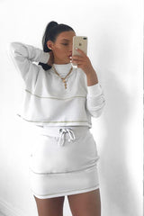 White Lime Contrast Stitch Crop Jumper Skirt Co-ord - Keva