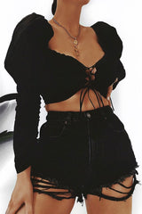 Black Lace Up Front and Sleeves Milkmaid Crop Top - Zyria