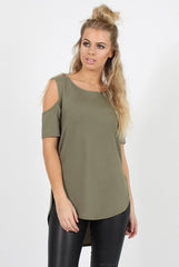 Khaki Cold Shoulder Dipped Hem Top - Kay