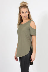 Khaki Cold Shoulder Dipped Hem Top - Kay