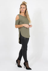 Khaki Cold Shoulder Dipped Hem Top - Kay
