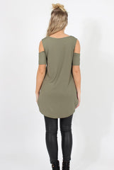 Khaki Cold Shoulder Dipped Hem Top - Kay