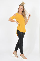 Mustard Cold Shoulder Dipped Hem Top - Kay