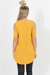 Mustard Cold Shoulder Dipped Hem Top - Kay