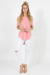 Pink Cold Shoulder Dipped Hem Top - Kay