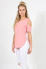Pink Cold Shoulder Dipped Hem Top - Kay
