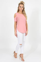 Pink Cold Shoulder Dipped Hem Top - Kay