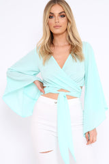 Turquoise Wrap Tie Crop Blouse - Kay