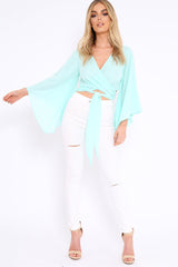 Turquoise Wrap Tie Crop Blouse - Kay