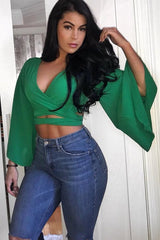 Green Wrap Tie Crop Blouse - Kay