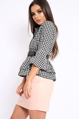 Black Gingham Flare Sleeve Peplum Shirt - Kaya