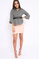 Black Gingham Flare Sleeve Peplum Shirt - Kaya