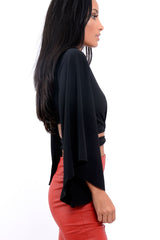 Black Wrap Tie Crop Blouse - Kay