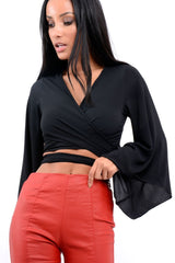 Black Wrap Tie Crop Blouse - Kay