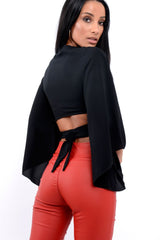 Black Wrap Tie Crop Blouse - Kay