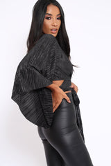 Black Metallic Plisse Wrap Tie Crop Blouse - Kay
