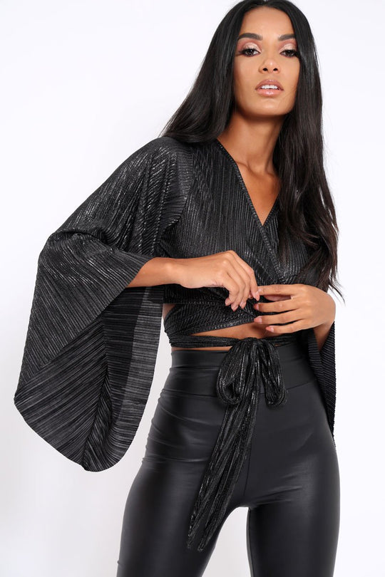 Black Metallic Plisse Wrap Tie Crop Blouse - Kay