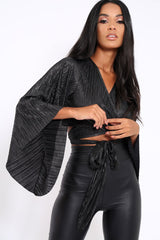 Black Metallic Plisse Wrap Tie Crop Blouse - Kay