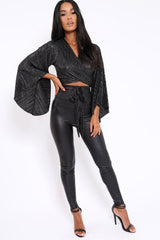 Black Metallic Plisse Wrap Tie Crop Blouse - Kay