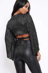 Black Metallic Plisse Wrap Tie Crop Blouse - Kay