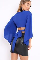 Blue Wrap Tie Crop Blouse - Kay