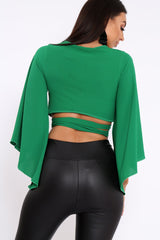 Green Wrap Tie Crop Blouse - Kay