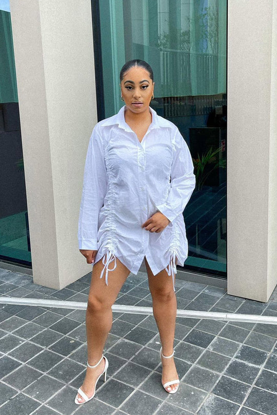 White Ruched Centre Shirt Mini Dress - Khylie