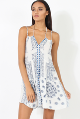White Halterneck Tassel Imperial Print Dress - Kaylin