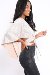 Gold Metallic Plisse Wrap Tie Crop Blouse - Kay