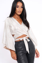 Gold Metallic Plisse Wrap Tie Crop Blouse - Kay