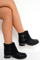Black Embellished Buckle Detail Boots - Kayson
