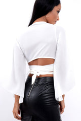 White Wrap Tie Crop Blouse - Kay