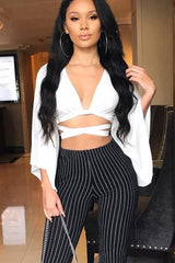 White Wrap Tie Crop Blouse - Kay
