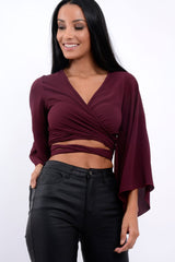 Wine Wrap Tie Crop Blouse - Kay