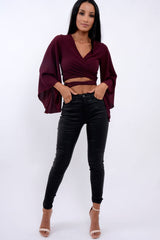 Wine Wrap Tie Crop Blouse - Kay
