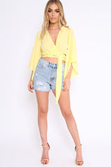 Yellow Wrap Tie Crop Blouse - Kay