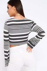 Black and White Stripe Knot Front Crop Top - Hayzl