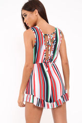 Multi Striped Frill Hem Plunge Playsuit - Keanna
