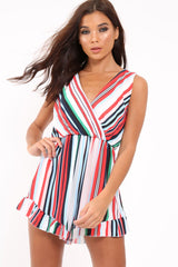 Multi Striped Frill Hem Plunge Playsuit - Keanna