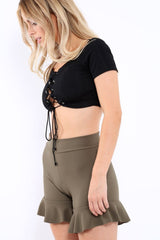 Black Lace Up Front Ribbed Crop Top - Keegan