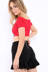 Red Lace Up Front Ribbed Crop Top - Keegan