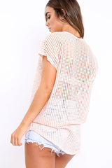 Pink Laser Cut Top with Crew neck and Dip Hem - Keelani