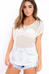 White Laser Cut Top with Crew neck and Dip Hem - Keelani