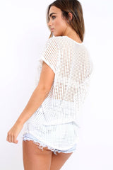 White Laser Cut Top with Crew neck and Dip Hem - Keelani