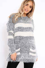 Grey Fur Knit Wide Stripe Jumper Dress - Keeley