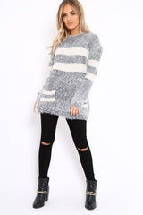 Grey Fur Knit Wide Stripe Jumper Dress - Keeley