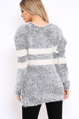 Grey Fur Knit Wide Stripe Jumper Dress - Keeley