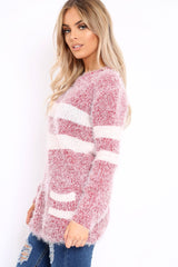Red Fur Knit Wide Stripe Jumper Dress - Keeley