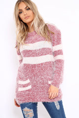 Red Fur Knit Wide Stripe Jumper Dress - Keeley